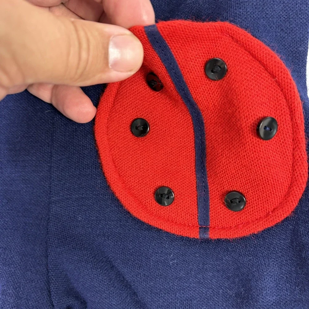 Vintage Madeline Wotcoll Ladybug Romper Girls 2T Blue Knit Pocket Belguim 60s